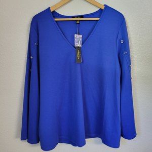 Melissa Paige Split Long Sleeve Blouse Royal Blue V Neck *NWT*  Size 1X